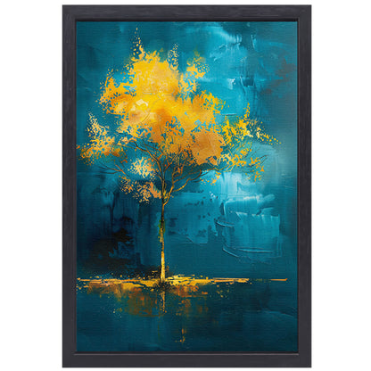 Abstracte boom met gele en blauwe kleuren canvas met baklijst