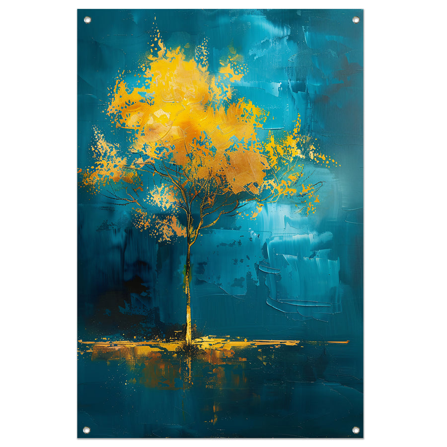 Abstracte boom met gele en blauwe kleuren tuinposter
