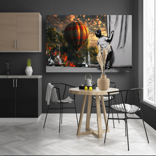 Jongen reikt naar kleurrijke luchtballon poster