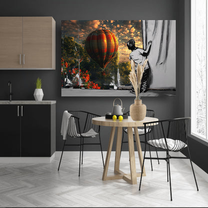 Jongen reikt naar kleurrijke luchtballon poster