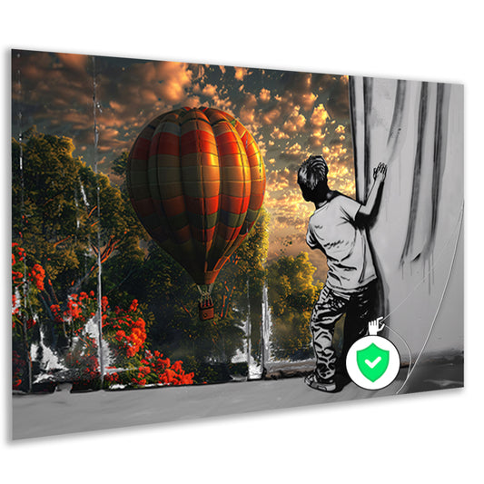Jongen reikt naar kleurrijke luchtballon poster