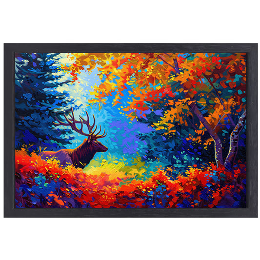Kleurrijk abstract hert in bos canvas met baklijst