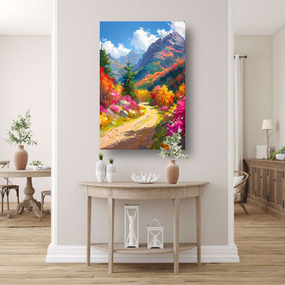 Kleurrijk herfstlandschap met bloemen en bergen canvas
