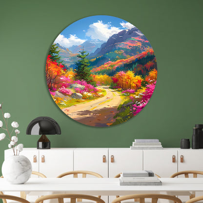 Kleurrijk herfstlandschap met bloemen en bergen aluminium muurcirkel