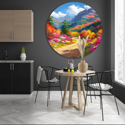 Kleurrijk herfstlandschap met bloemen en bergen aluminium muurcirkel
