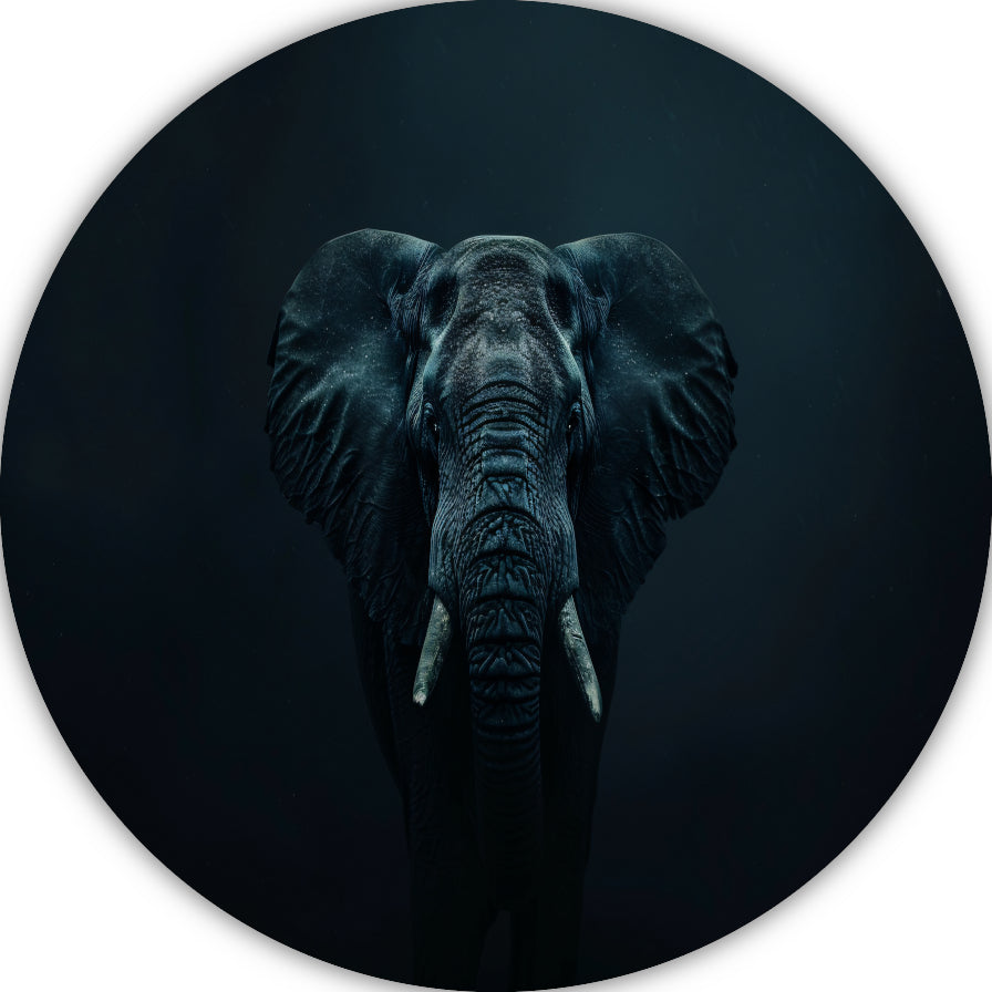 Olifant in het donker met zichtbare schaduwen aluminium muurcirkel