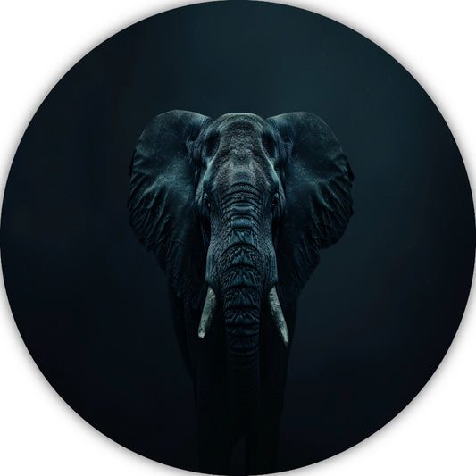 Olifant in het donker met zichtbare schaduwen aluminium muurcirkel