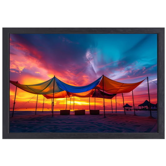 Zomerse tenten op het strand bij zonsondergang canvas met baklijst