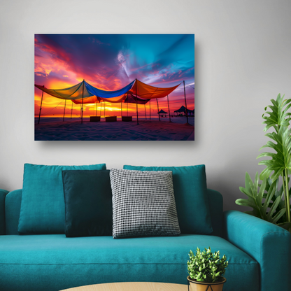 Zomerse tenten op het strand bij zonsondergang canvas