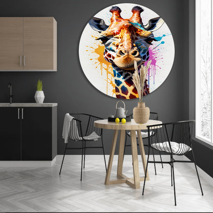 Modern kleurrijk giraffehoofd in popartstijl aluminium muurcirkel