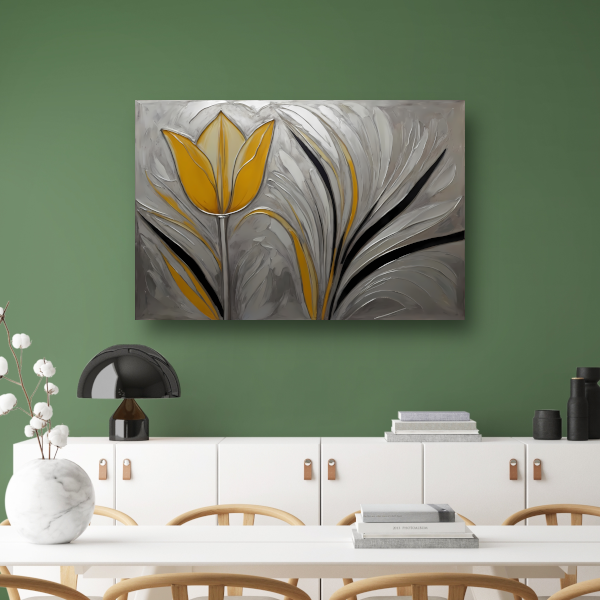 Abstracte Gele Tulp op Zilveren Achtergrond canvas