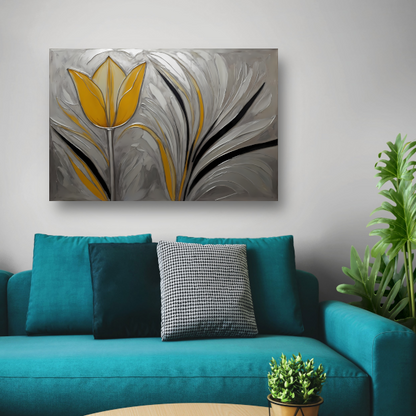 Abstracte Gele Tulp op Zilveren Achtergrond canvas