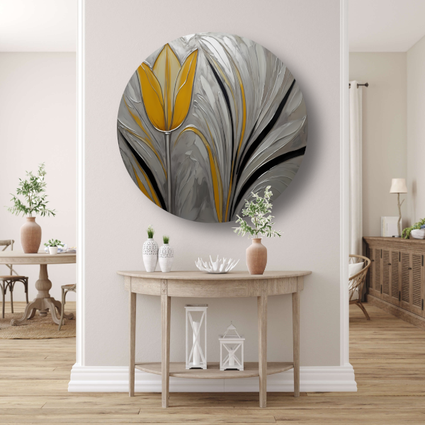 Abstracte Gele Tulp op Zilveren Achtergrond aluminium muurcirkel