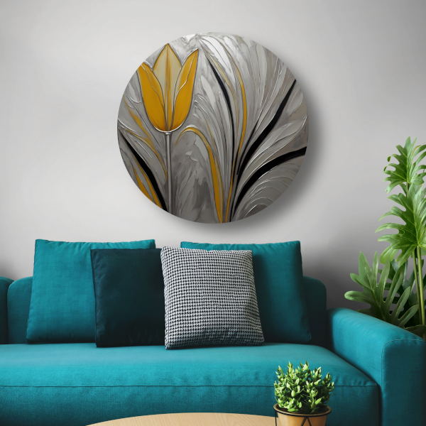 Abstracte Gele Tulp op Zilveren Achtergrond aluminium muurcirkel
