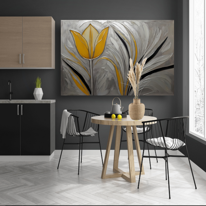 Abstracte Gele Tulp op Zilveren Achtergrond canvas met baklijst