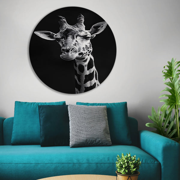 Zwart-wit portret van een giraffe aluminium muurcirkel