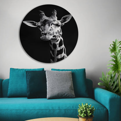 Zwart-wit portret van een giraffe aluminium muurcirkel