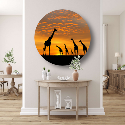 Silhouetgiraffes Zonsondergang Savanne aluminium muurcirkel