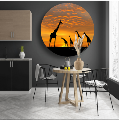 Silhouetgiraffes Zonsondergang Savanne aluminium muurcirkel