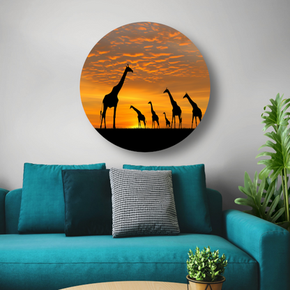Silhouetgiraffes Zonsondergang Savanne aluminium muurcirkel