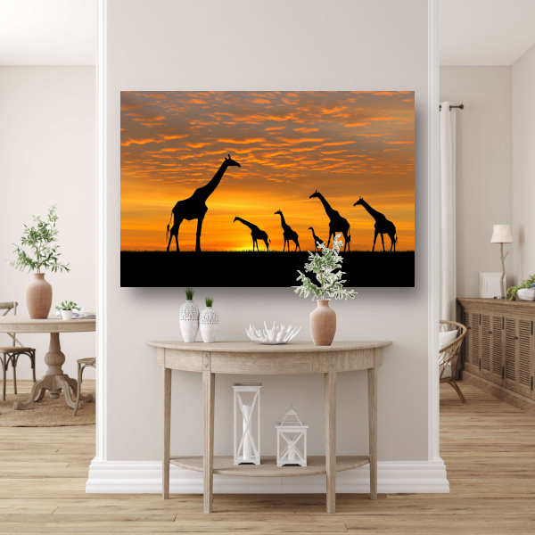 Silhouetgiraffes Zonsondergang Savanne canvas