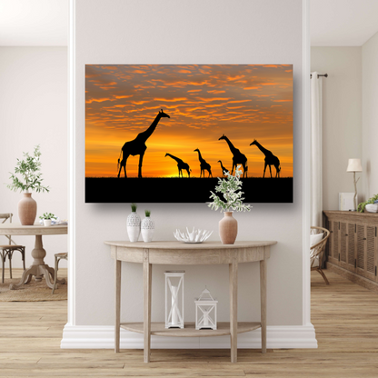 Silhouetgiraffes Zonsondergang Savanne canvas
