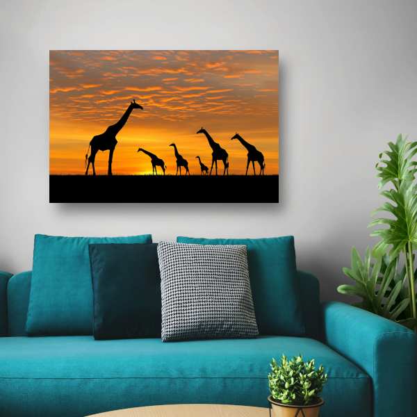 Silhouetgiraffes Zonsondergang Savanne canvas