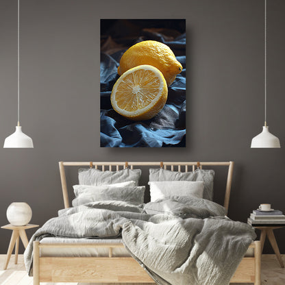 Een citroen, gesneden en ongesneden, op een doek canvas met baklijst