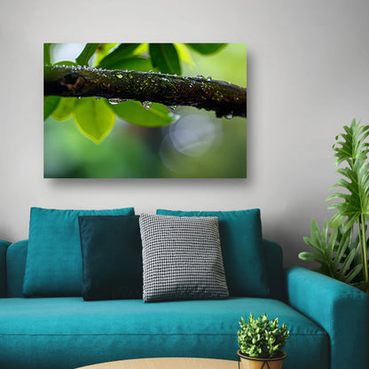 Natte tak met dauwdruppels in focus  poster