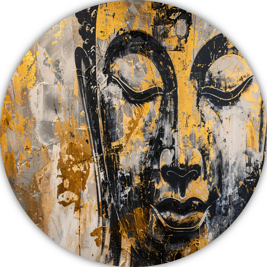 Boeddha in Goud en Zwart met Dynamische Texturen aluminium muurcirkel
