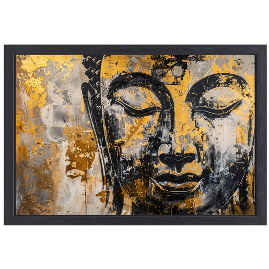 Boeddha in Goud en Zwart met Dynamische Texturen canvas met baklijst