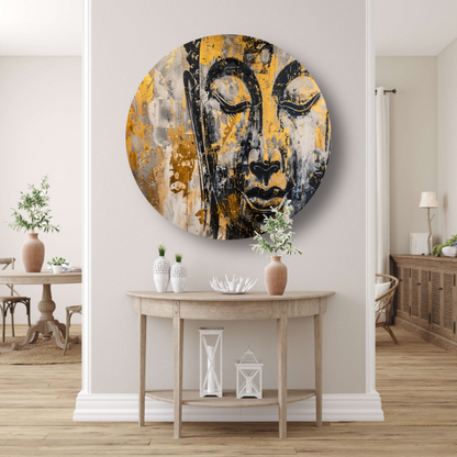 Boeddha in Goud en Zwart met Dynamische Texturen aluminium muurcirkel