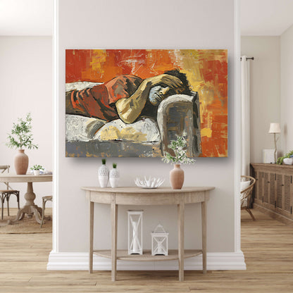 Liggende figuur op een bank in rust   acrylglas