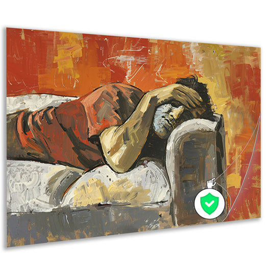 Liggende figuur op een bank in rust   poster