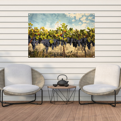 Wijngaard onder een helderblauwe lucht tuinposter