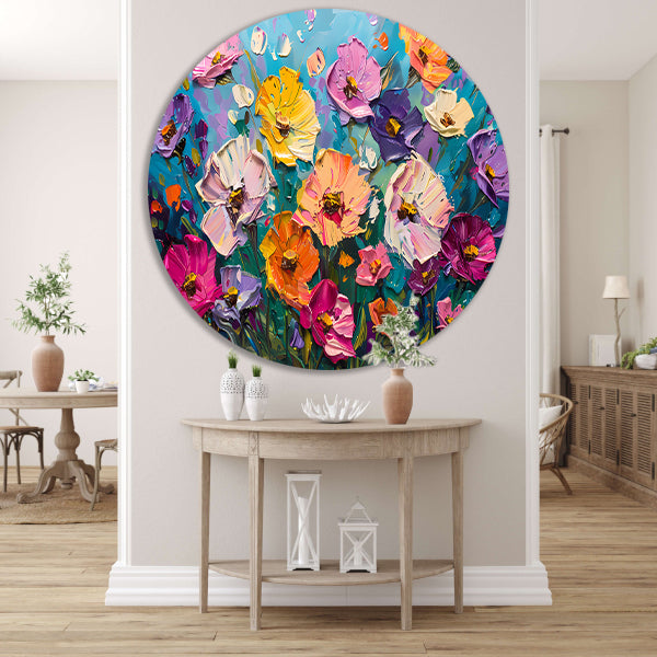 Kleurrijk abstract schilderij van bloemenveld forex muurcirkel
