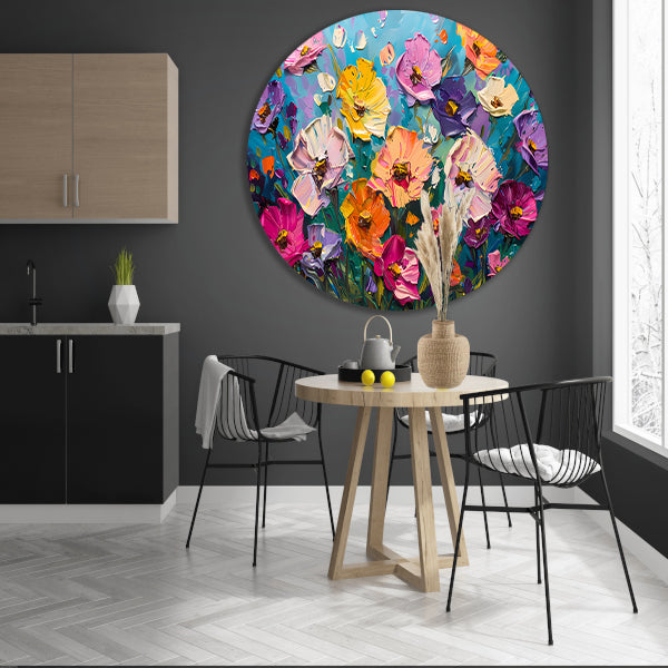 Kleurrijk abstract schilderij van bloemenveld forex muurcirkel