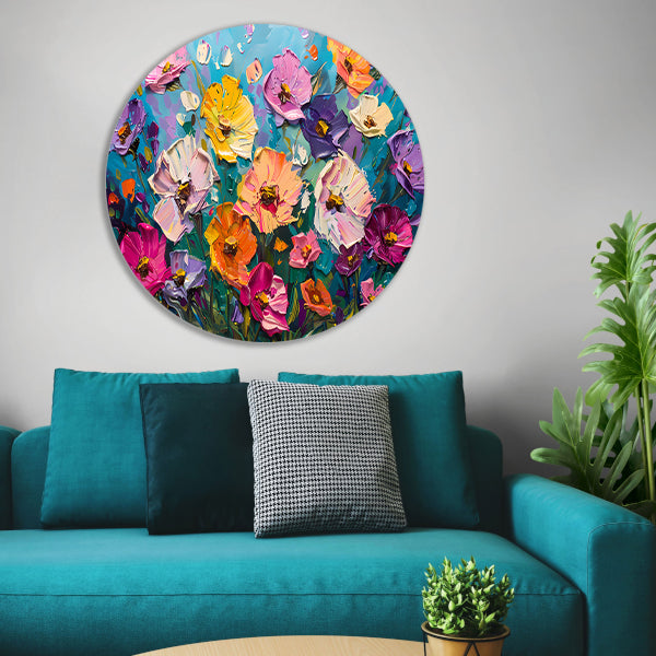 Kleurrijk abstract schilderij van bloemenveld forex muurcirkel