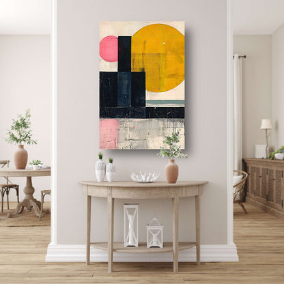 Geometrisch Abstract Kunstwerk met Vormen en Kleuren canvas met baklijst