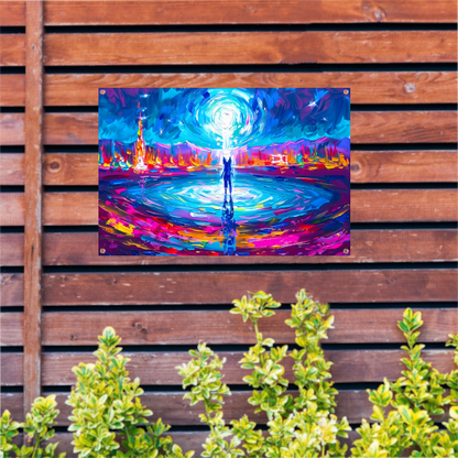 Abstracte kleurenexplosie met mensfiguur tuinposter