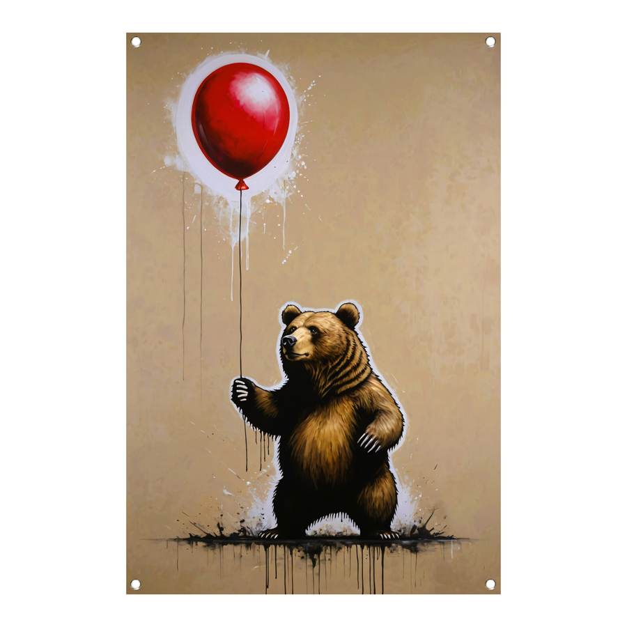 Bruine beer houdt een glanzende rode ballon vast tuinposter