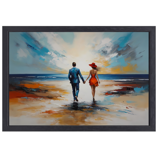 Romantische Strandwandeling met Kleurrijk Paar canvas met baklijst