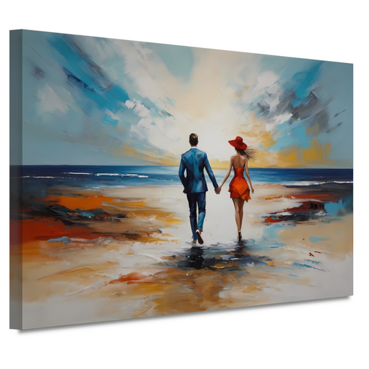 Romantische Strandwandeling met Kleurrijk Paar canvas