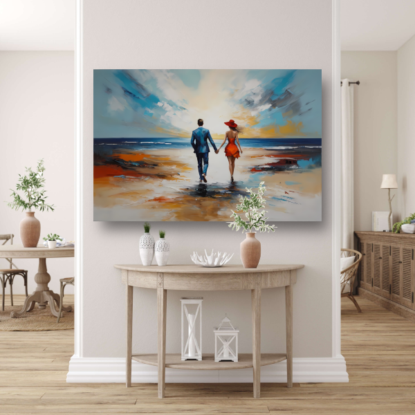 Romantische Strandwandeling met Kleurrijk Paar poster
