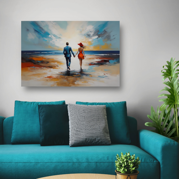 Romantische Strandwandeling met Kleurrijk Paar poster