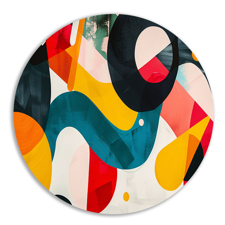 Abstracte vormen en levendige kleuren in harmonie aluminium muurcirkel