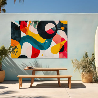 Abstracte vormen en levendige kleuren in harmonie tuinposter