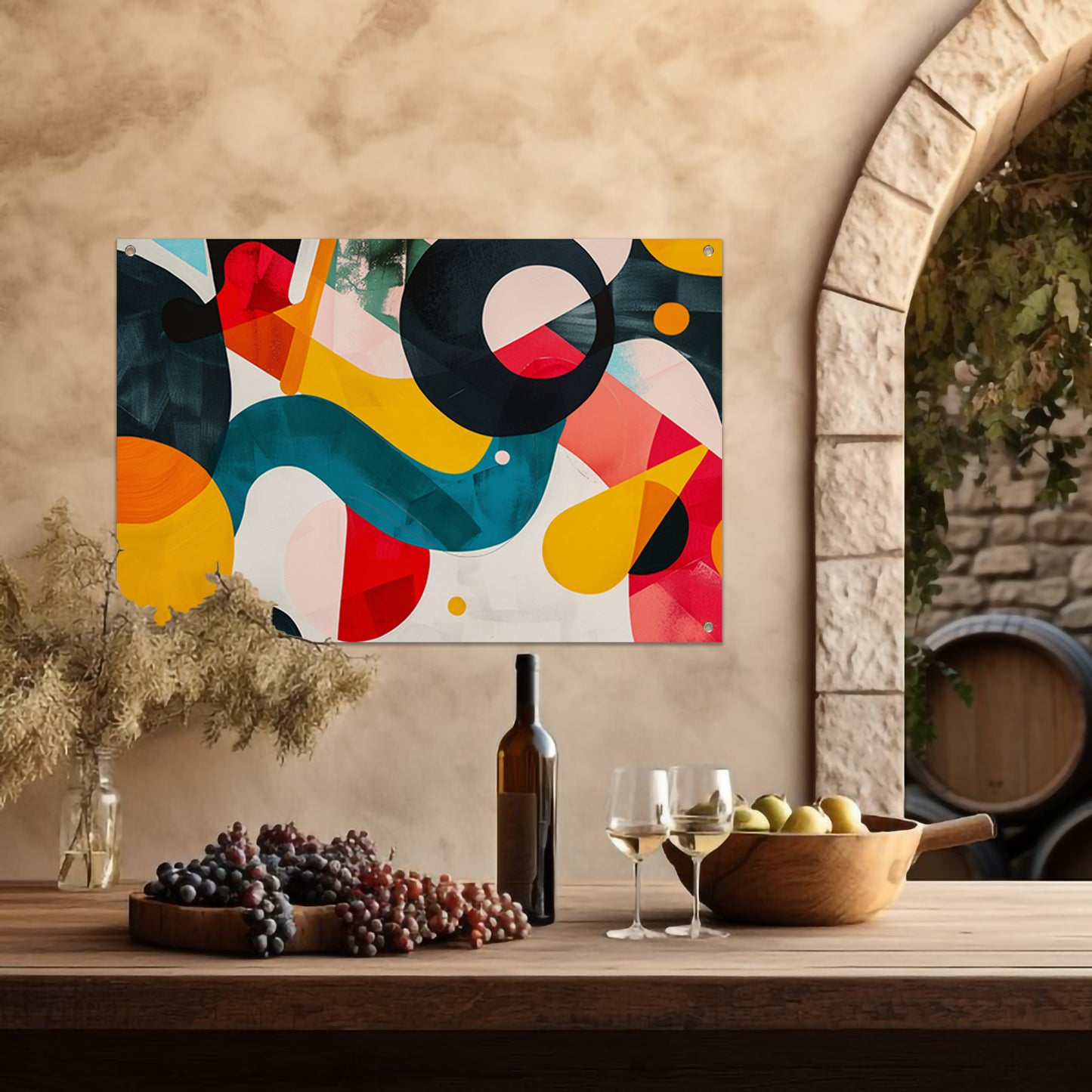 Abstracte vormen en levendige kleuren in harmonie tuinposter