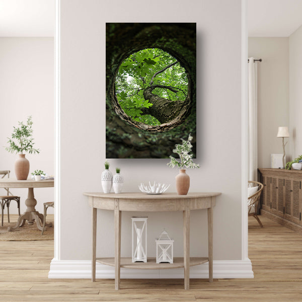 Boom gezien door een gat in de schors acrylglas