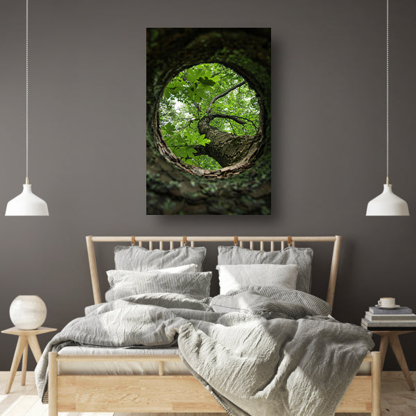 Boom gezien door een gat in de schors acrylglas
